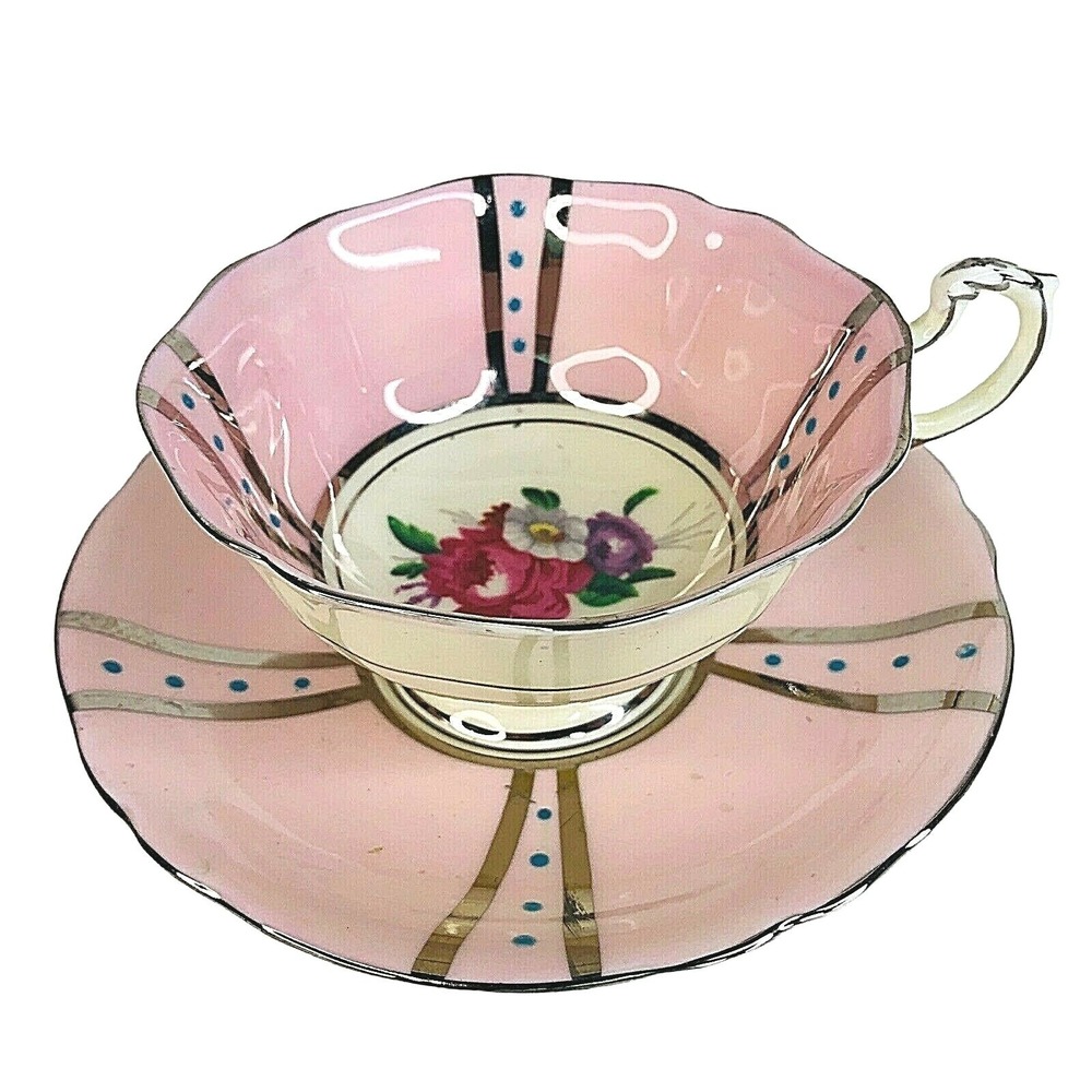 Paragon Tea Cup & Saucer Pink Bone China Footed Polka‎ Dot Double Warrant Silver